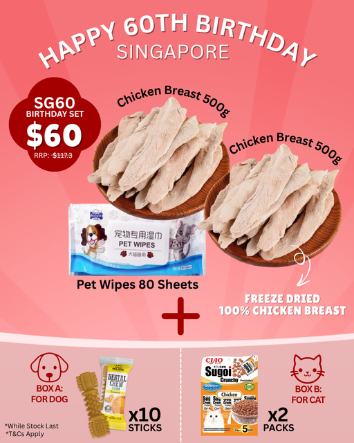 Promotional graphic for a 60th birthday set with chicken breast, pet wipes, and cat food on a pink background.