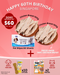 Promotional graphic for a 60th birthday set with chicken breast, pet wipes, and cat food on a pink background.