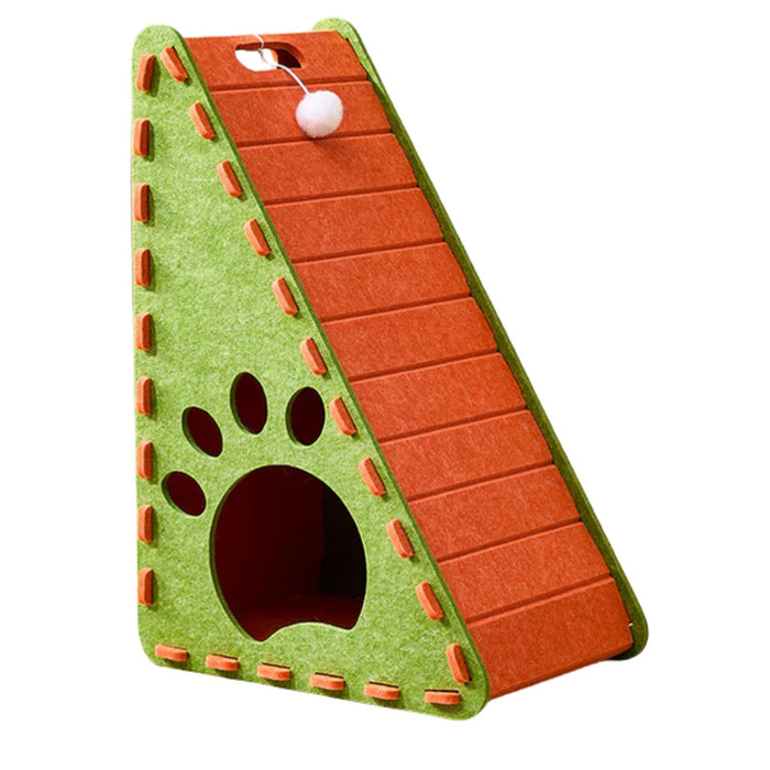Green and orange triangular vertical cat beds with felt sides and claw boards