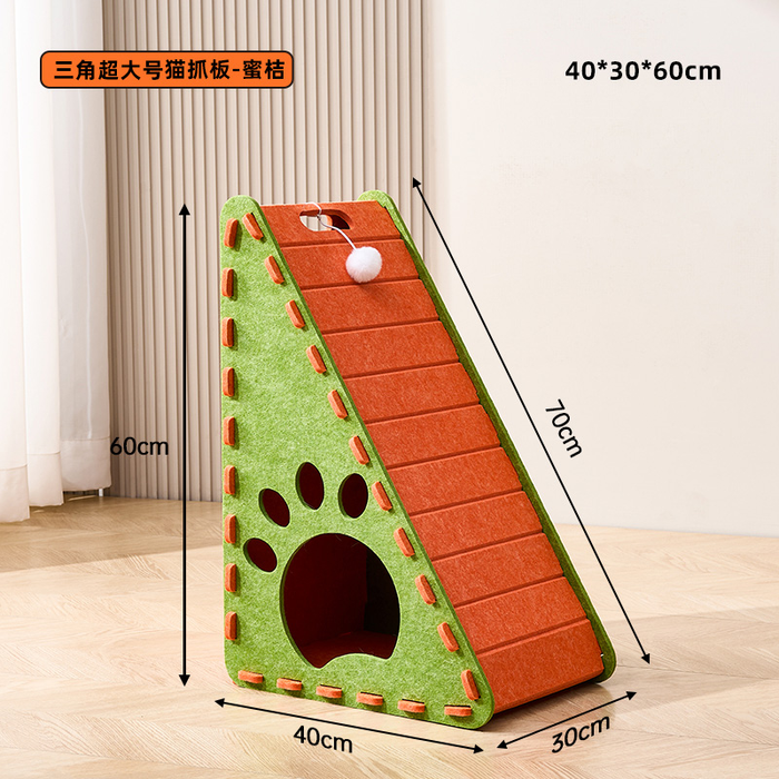 Green and orange triangular vertical cat beds with felt sides and claw boards