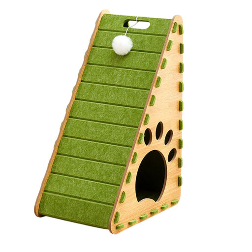 Green triangular vertical cat bed with integrated scratch-resistant claw board