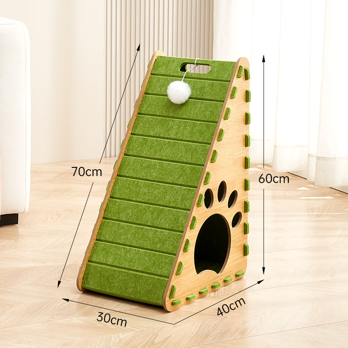 Green triangular vertical cat bed with integrated scratch-resistant claw board