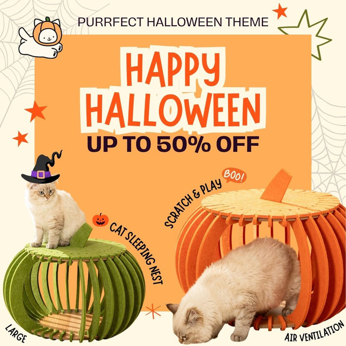 [Halloween Special] Green Pumpkin Nest Cat House – Semi-Closed Felt Cat Bed for Cozy Comfort