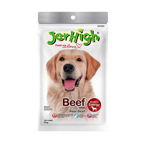 JerHigh beef stick dog treat package with a golden retriever on a white background