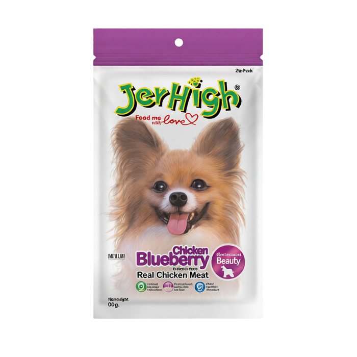 JerHigh Chicken Blueberry dog treat package with a dog on the label against a white background