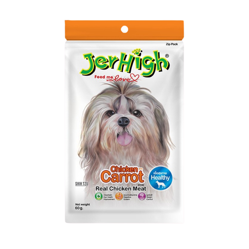 JerHigh Chicken Carrot Stick dog treat package with a dog illustration on a white background