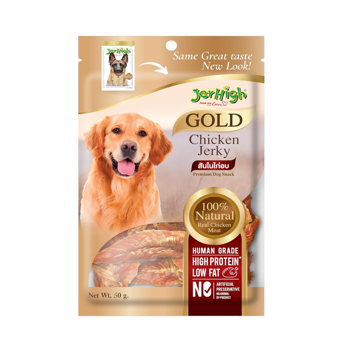 Package of JerHigh Gold Chicken Jerky for dogs with a golden retriever on the label.