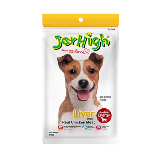JerHigh Chicken Liver Stick dog treat package with a Jack Russell Terrier on a white background