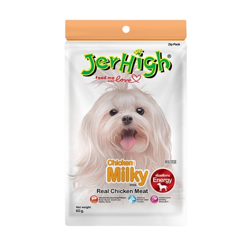 JerHigh Chicken Milky Stick dog treat package with a dog on the label against a white background