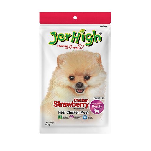 JerHigh Chicken Strawberry dog treat package with a small dog illustration on a white background