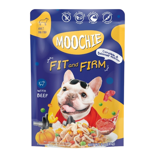 Moochie Complete & Balanced Fit & Firm Beef 85g pouch for dog food Singapore