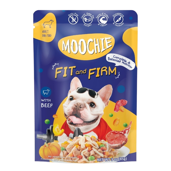 Moochie Complete & Balanced Fit & Firm Beef 85g pouch for dog food Singapore