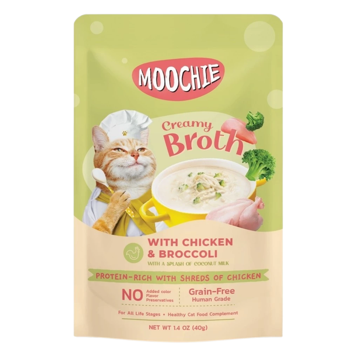 Moochie Creamy Broths Chicken and Broccoli cat wet food pouch 40g