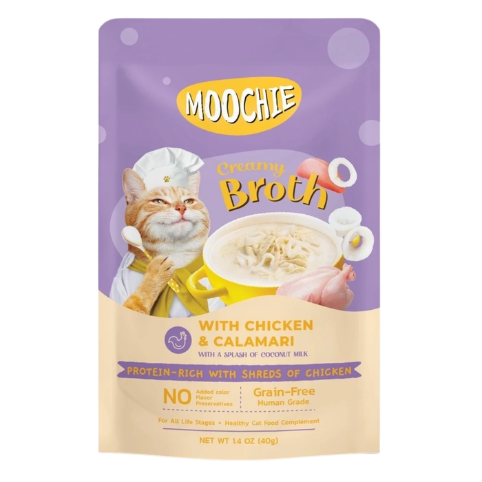 Moochie Creamy Broths Chicken and Calamari cat wet food pouch 40g