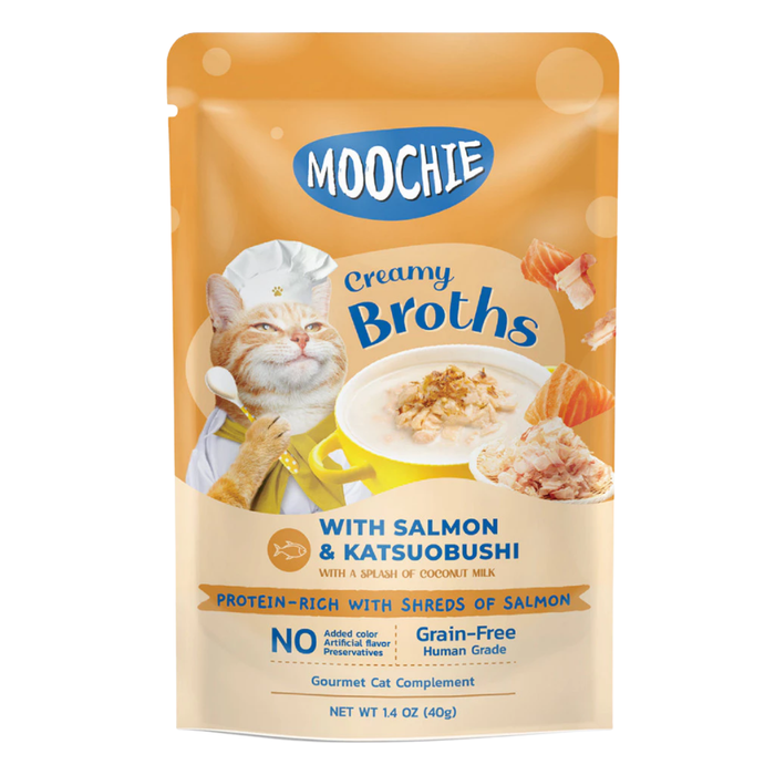 Moochie Creamy Broths Salmon and Katsuobushi cat wet food pouch 40g