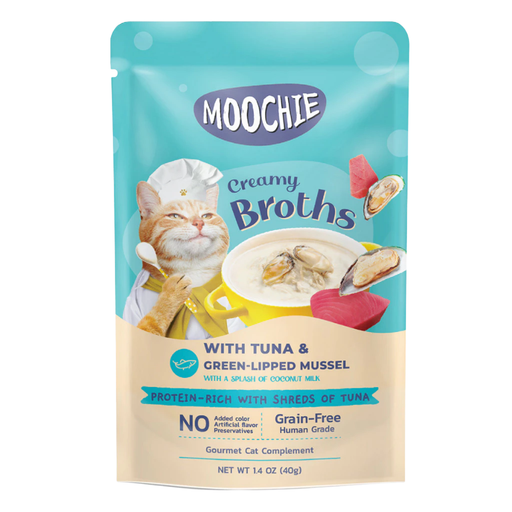 Moochie Creamy Broths Tuna and Green-Lipped Mussel cat wet food pouch 40g