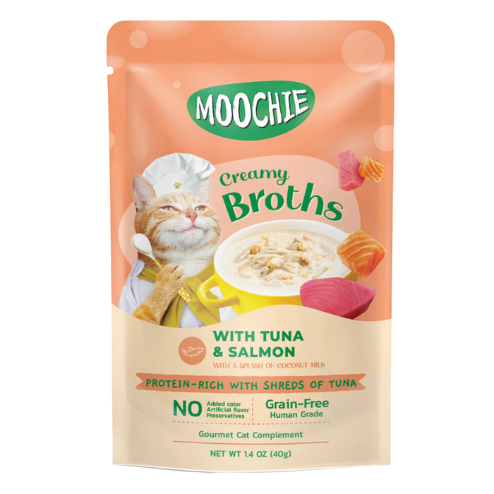 Moochie Creamy Broths Tuna and Salmon cat wet food pouch 40g