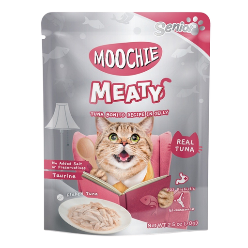 Moochie Meaty Senior Cat Tuna Bonito in Jelly 70g pouch for senior cat food Singapore