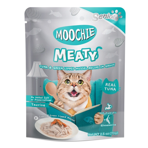 Moochie Meaty Senior Cat Tuna & Green Lipped Mussel in Gravy 70g pouch for cat food Singapore