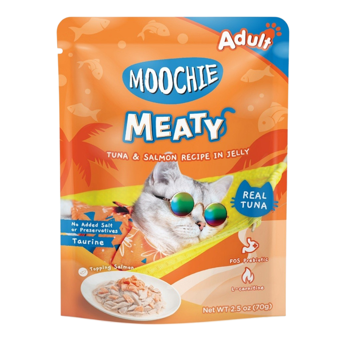 Moochie Meaty Tuna & Salmon in Jelly 70g pouch for cat food Singapore
