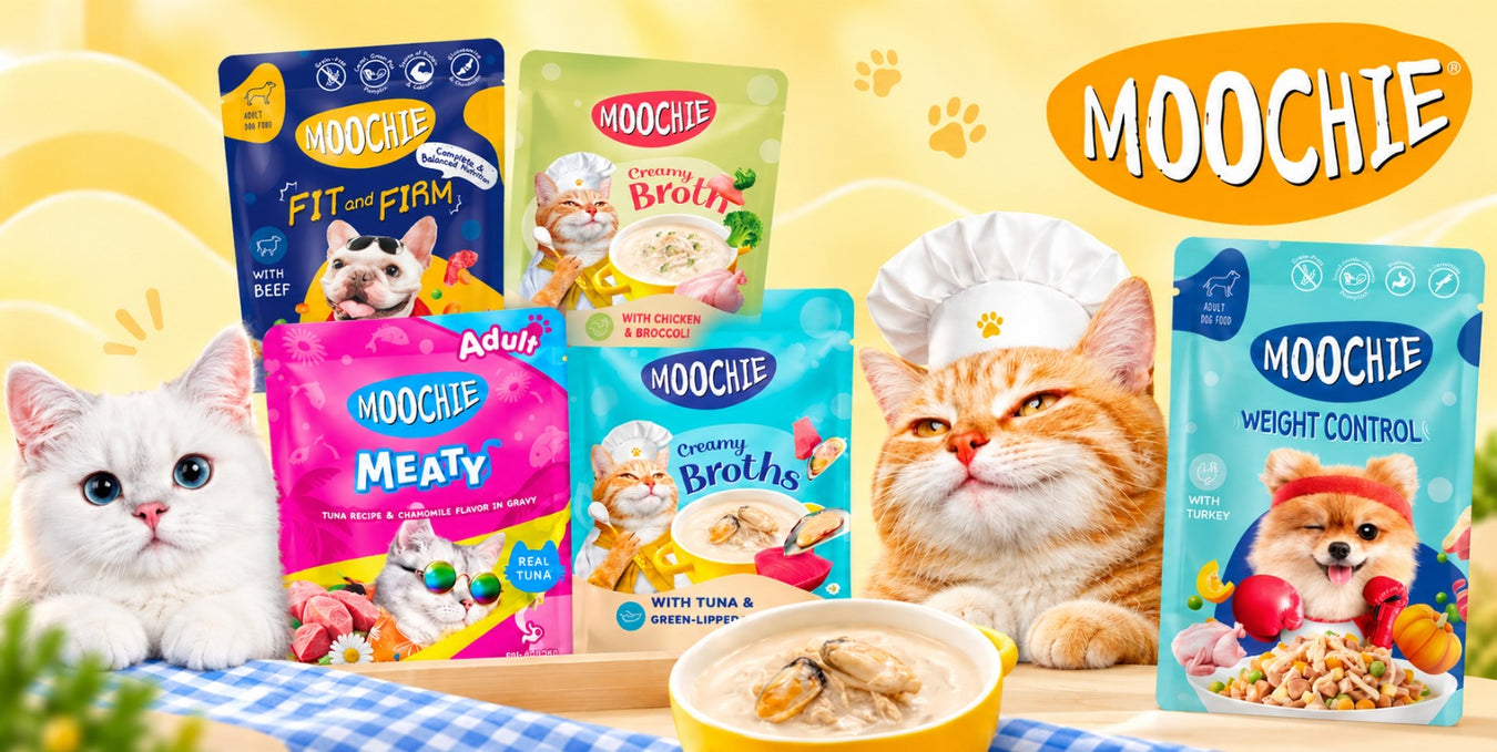  Moochie wet cat food pouch range collection banner - Neko.sg