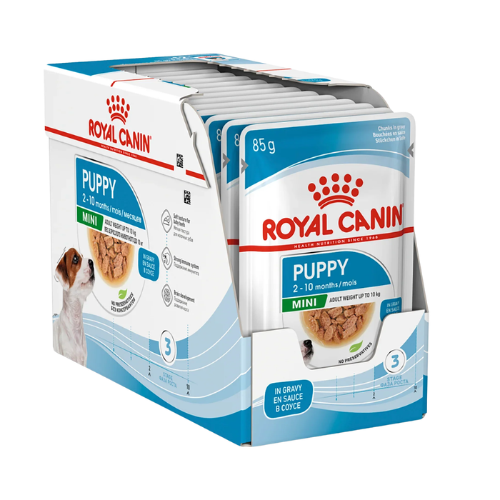 Royal Canin Mini Puppy Gravy Pouch Dog Wet Food 85g packaging and full view