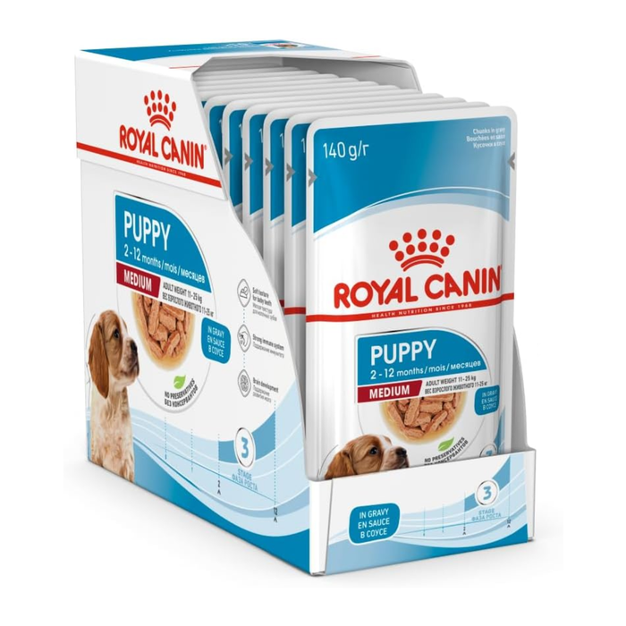 Royal Canin Medium Puppy Gravy Pouch Dog Wet Food 140g packaging and full view
