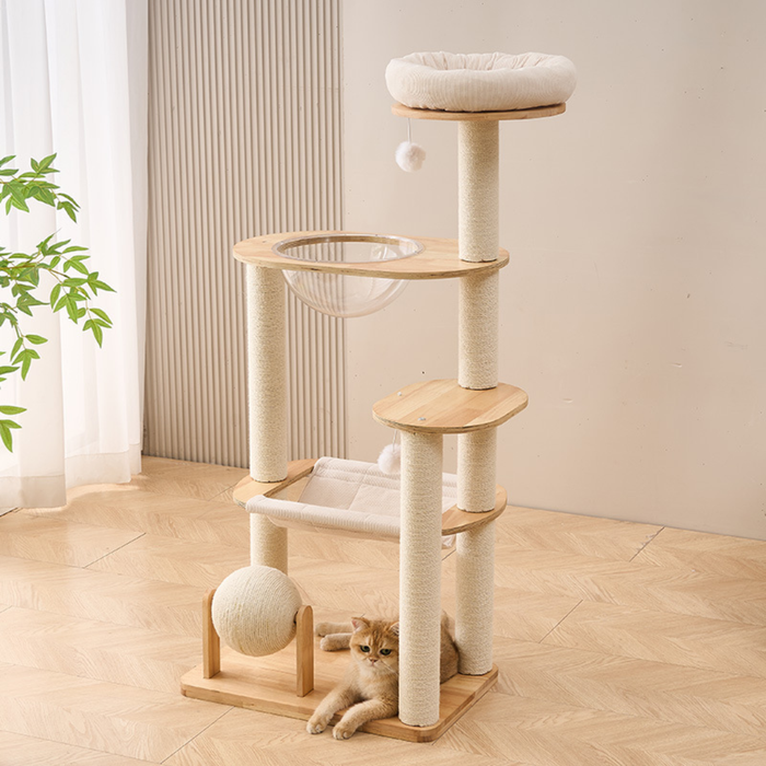 132cm Lucent Solid Wood Multi-Tier Cat Tree Tower with Condo & Scratching Posts