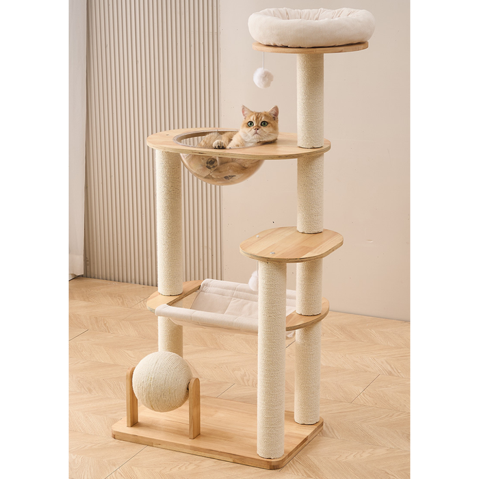 132cm Lucent Solid Wood Multi-Tier Cat Tree Tower with Condo & Scratching Posts