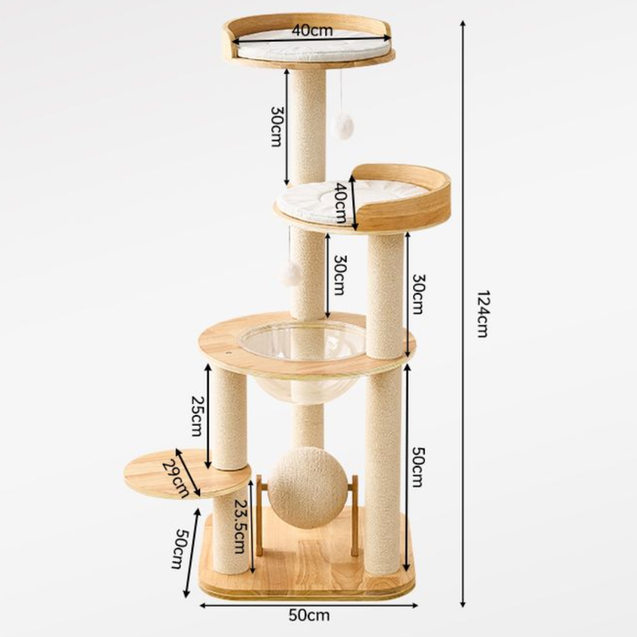 Cradle Nest 124cm Solid Wood Cat Tower with Cradle Bowl, Perches & Scratching Posts