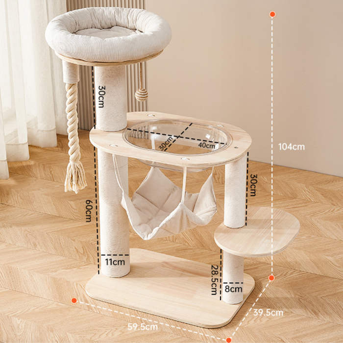 Maru 104cm Solid Wood Cat Condo Tower with Fabric Hammock, Platforms & Scratching Posts