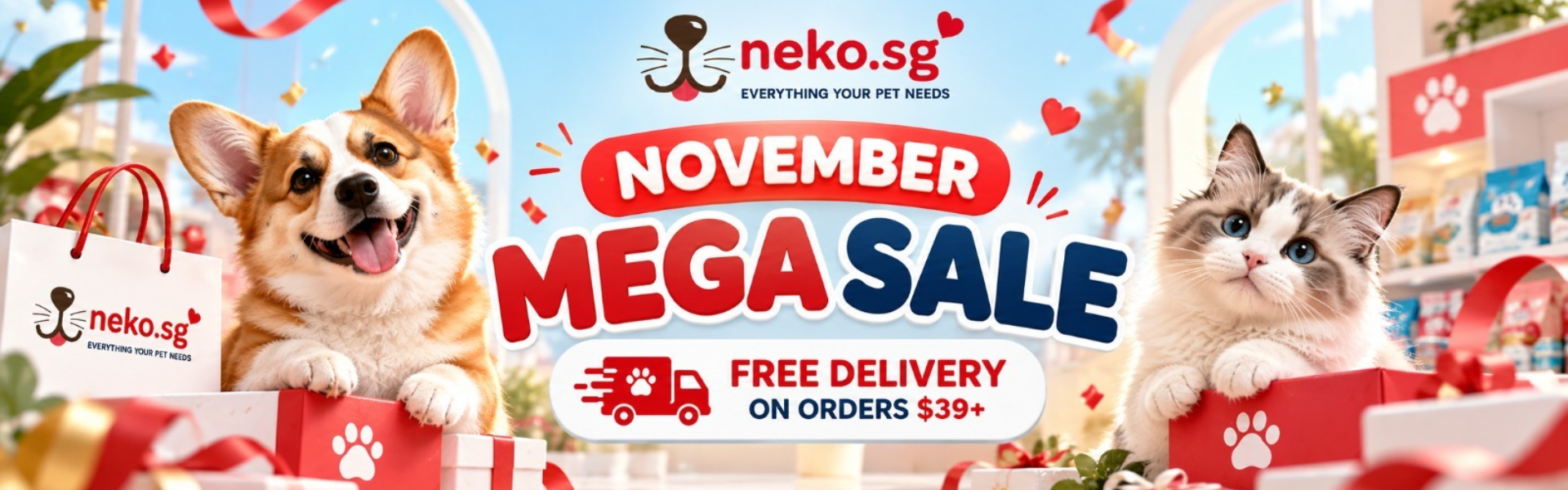 Neko.sg November Mega Sale promotional banner with free delivery on orders above $39