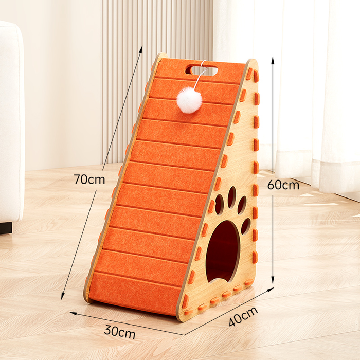 Orange triangular vertical cat bed with integrated scratch-resistant claw board