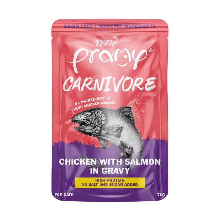 Pramy Carnivore Chicken with Salmon in Gravy 70g pouch for cat food Singapore
