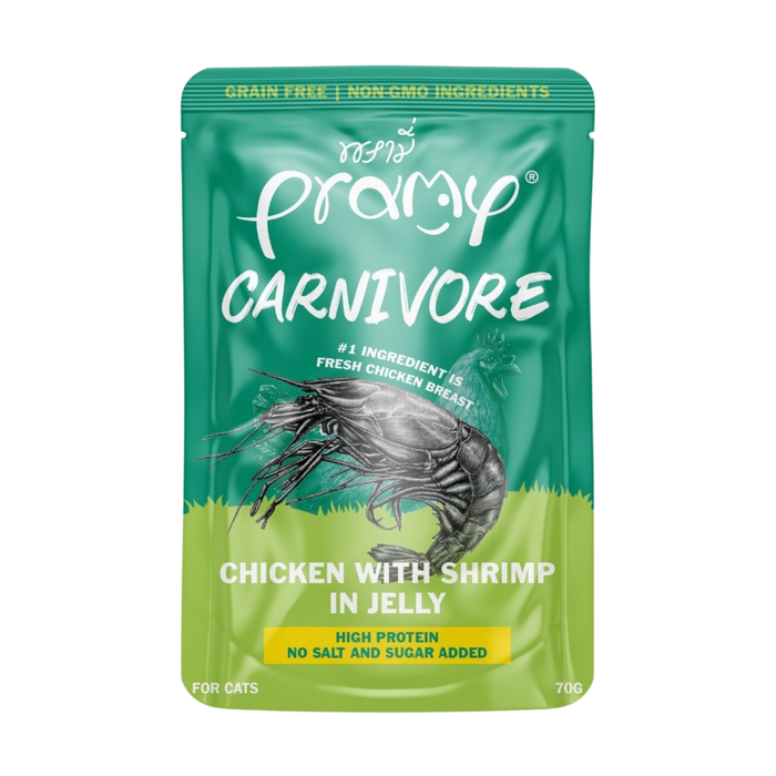 Pramy Carnivore Chicken with Shrimp in Jelly 70g pouch for cat food Singapore