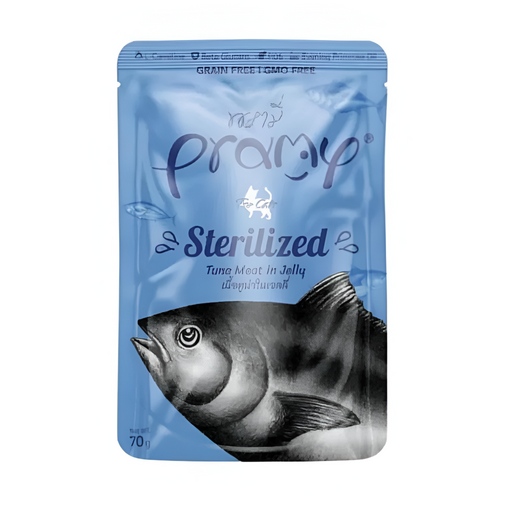 Pramy Cat Adult Sterilized Tuna Meat in Jelly 70g pouch and full view
