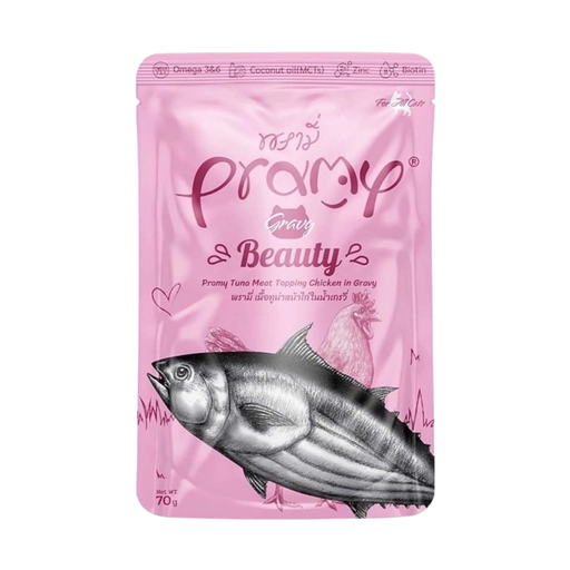 Pramy Cat Beauty Tuna Topping Chicken in Gravy wet cat food pouch 70g
