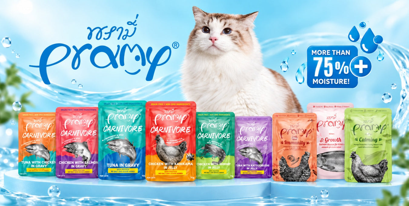 Pramy wet cat food pouch range with high moisture formula collection banner - Neko.sg