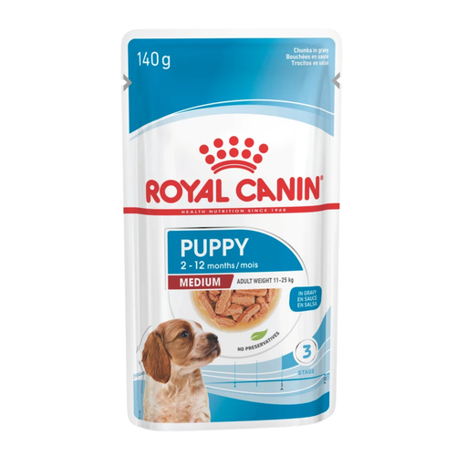 Royal Canin Medium Puppy Gravy Pouch Dog Wet Food 140g packaging and full view