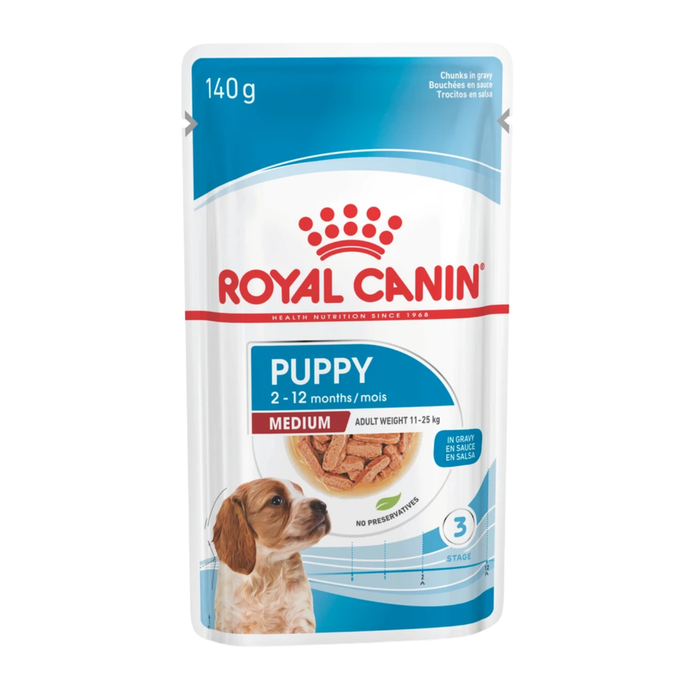 Royal Canin Medium Puppy Gravy Pouch Dog Wet Food 140g packaging and full view