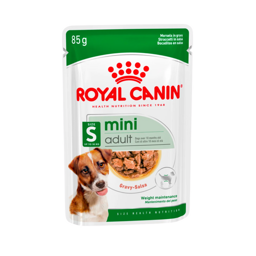 Royal Canin Mini Adult Gravy Pouch box and 85g pouch