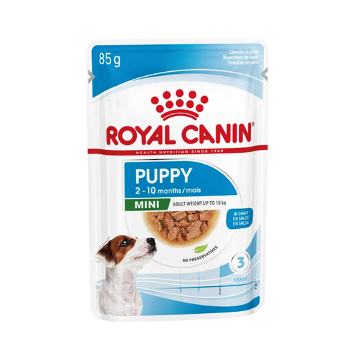Royal Canin Mini Puppy Gravy Pouch Dog Wet Food 85g packaging and full view