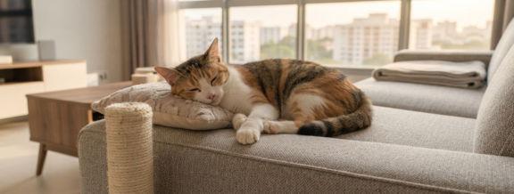 Calico cat peacefully sleeping on a modern fabric sofa next to a sisal scratching post in a bright living room.