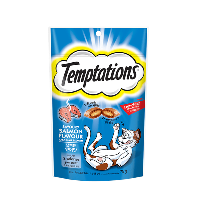 Temptations Cat Treats Savoury Salmon cat treat package with blue background