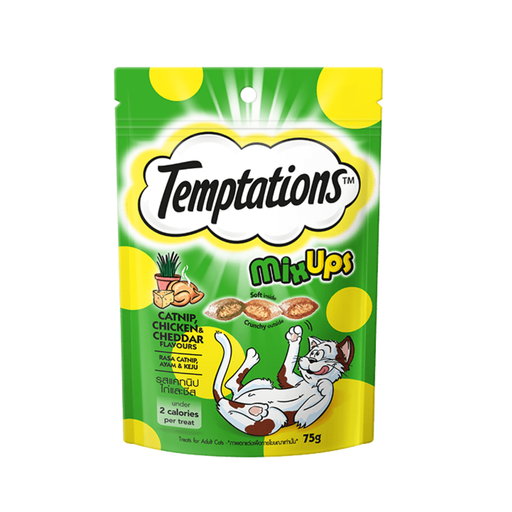 Temptations Catnip, Chicken and Cheddar cat treats packaging with green and yellow design