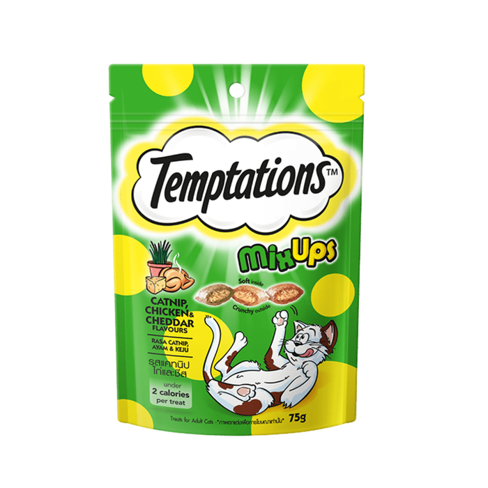 Temptations Catnip, Chicken and Cheddar cat treats packaging with green and yellow design