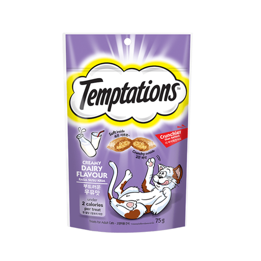 Temptations Creamy Dairy cat treat package on a white background