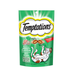 Temptations Seafood Medley cat treat package with green background and cartoon cat.