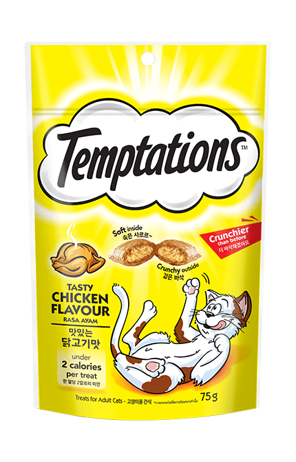 Temptations Tasty Chicken cat treat package with a yellow background