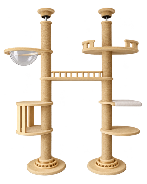 Twin Condo Ceiling B Luxury Ceiling Cat Condo Tower with Solid Wood Platforms & Scratching Posts packaging and full view